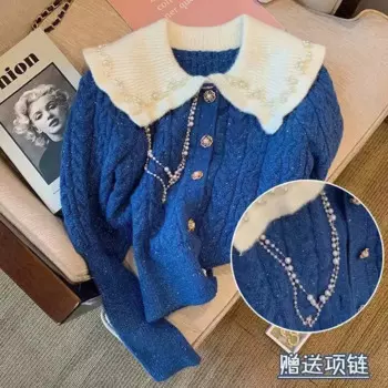 Женский свитер, вязаный кардиган, женский свитер, синий Повседневный свободный свитер, Кардиган с длинным рукавом, джемпер в Корейском стиле