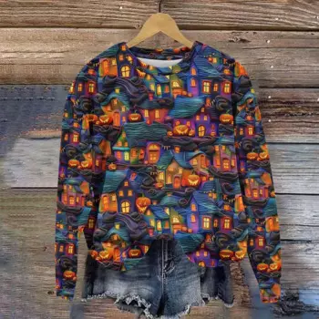 Женский свитшот на Хэллоуин, зимний женский пуловер с принтом, шикарные повседневные толстовки, осенняя Женская Теплая Толстовка Оверсайз с круглым вырезом для офиса