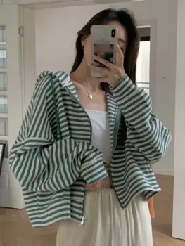 Женский свитшот на молнии, в полоску, с капюшоном