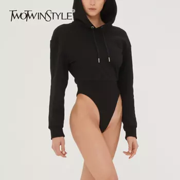 Женский свитшот с капюшоном TWOTWINSTYLE, повседневный однотонный Свитшот составного кроя с длинными рукавами и высокой талией