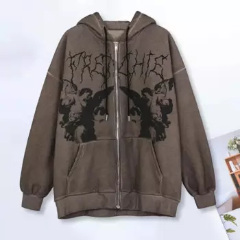 Женский свободный кардиган на молнии, стильный кардиган с капюшоном и эластичными манжетами в стиле ретро, верхняя одежда в стиле хип-хоп для осени и зимы