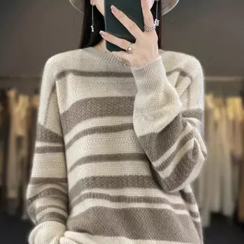 Женский свободный кашемировый свитер с круглым вырезом, Осень-зима