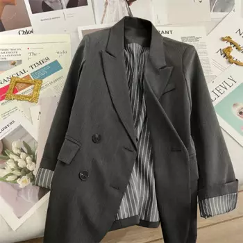 Женский свободный костюм в полоску, серый костюм в Корейском стиле, весна-осень 2024