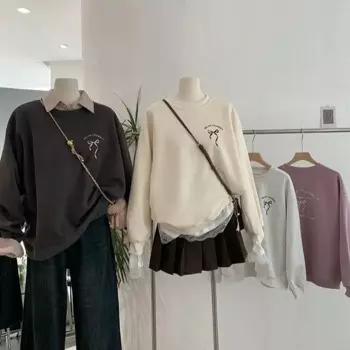 Женский свободный пуловер с длинным рукавом и круглым вырезом