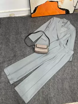 Женский темпераментный пригородный костюм, воротник, кардиган с цепочкой из бисера, эластичный пояс, широкие брюки, льняной костюм, 2 шт.