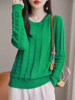 Женский Теплый свитер с круглым вырезом, однотонный пуловер из шерсти мериноса с длинным рукавом, мягкие простые Стильные топы, Осень-Зима 100%