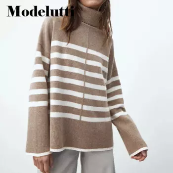 Женский Теплый трикотажный свитер в полоску, с высоким воротником