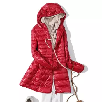 Женский тонкий пуховик с капюшоном, Осень-зима