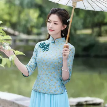 Женский топ с воротником-стойкой, жаккардовая рубашка большого размера из смеси хлопка в китайском стиле, весна 2023