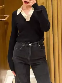 Женский трикотажный черный свитер с диагональной пряжкой контрастный тонкий пуловер с отложным воротником и длинным рукавом