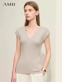 Женский трикотажный джемпер с коротким рукавом и V-образным вырезом