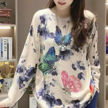 Женский трикотажный джемпер с круглым вырезом, с длинным рукавом