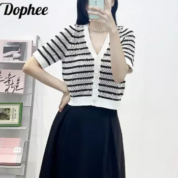 Женский трикотажный кардиган Dophee, черно-белый кардиган контрастной расцветки с коротким рукавом и V-образным вырезом, модель 2024 года