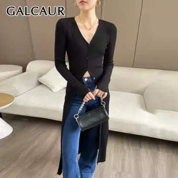Женский трикотажный кардиган GALCAUR, однотонный винтажный кардиган с глубоким вырезом и длинным рукавом, приталенный силуэт, модная верхняя одежда