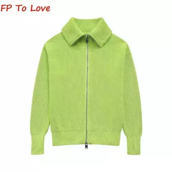 Женский трикотажный кардиган на молнии, с отложным воротником