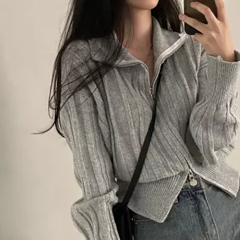 Женский трикотажный кардиган на молнии, с отложным воротником