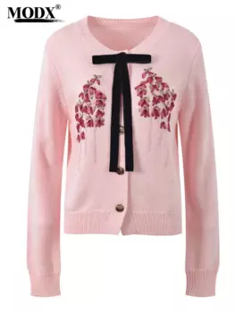 Женский трикотажный кардиган ручной работы [modx], розовый кардиган с объемным бантом и круглым вырезом