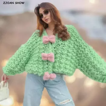 Женский трикотажный кардиган ручной работы, зеленый свитер контрастных цветов с 3D бантом и V-образным вырезом, вязаный джемпер в стиле ретро с рукавами-фонариками