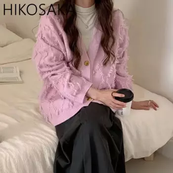 Женский трикотажный кардиган с бахромой, теплый однобортный свободный свитер с V-образным вырезом и длинным рукавом, повседневный толстый джемпер, Осень-зима