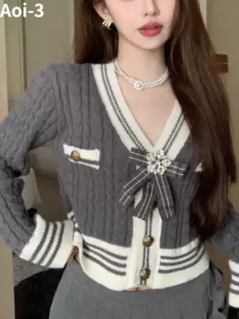 Женский трикотажный кардиган с бантом и V-образным вырезом