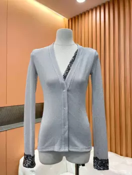 Женский трикотажный кардиган с блестками и длинным рукавом