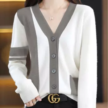 Женский трикотажный кардиган с длинным рукавом, V-образным вырезом