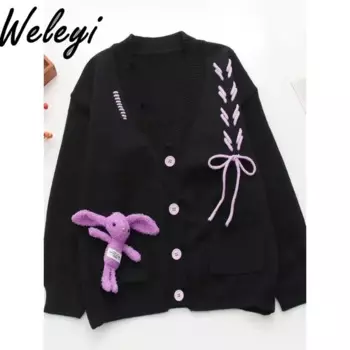 Женский трикотажный кардиган с длинным рукавом, в японском стиле