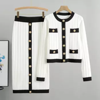 Женский трикотажный кардиган с круглым вырезом и юбка