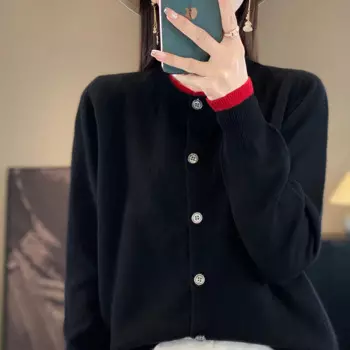 Женский трикотажный кардиган с круглым вырезом, Осень-зима