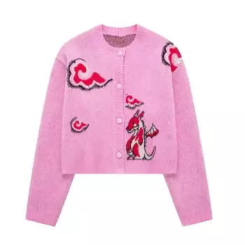 Женский трикотажный кардиган с круглым вырезом, Розовый Кардиган с длинным рукавом