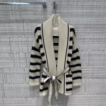Женский трикотажный кардиган с поясом, длинный кардиган из плотного хлопка с V-образным вырезом и длинным рукавом, свитер в полоску с поясом, осень 2024