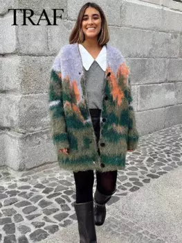 Женский трикотажный кардиган с принтом, V-образным вырезом