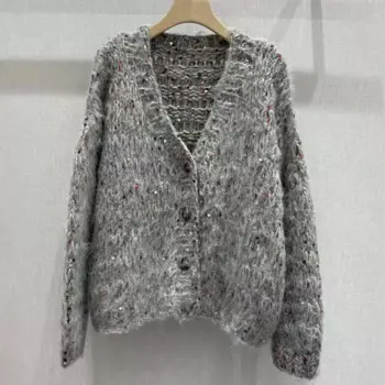 Женский трикотажный кардиган с V-образным вырезом и длинным рукавом