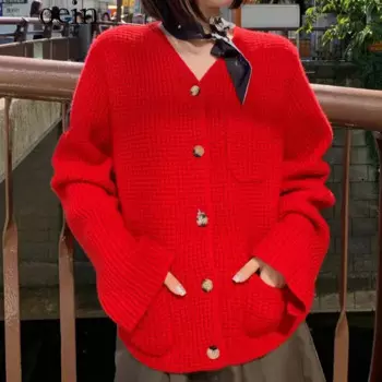 Женский трикотажный кардиган с V-образным вырезом и длинным рукавом