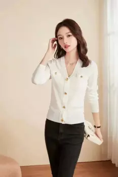 Женский трикотажный кардиган с V-образным вырезом, на пуговицах