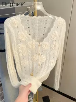 Женский трикотажный кардиган с V-образным вырезом и длинным рукавом