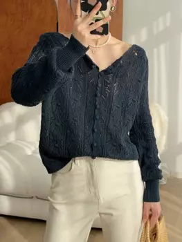 Женский трикотажный кардиган с V-образным вырезом и длинным рукавом