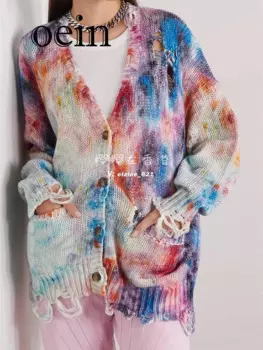 Женский трикотажный кардиган с V-образным вырезом и принтом