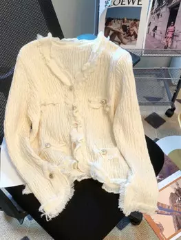 Женский трикотажный кардиган с V-образным вырезом, длинным рукавом