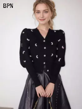 Женский трикотажный кардиган с V-образным вырезом и длинным рукавом