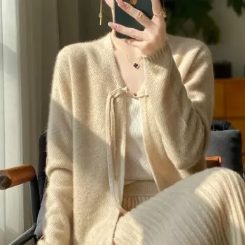 Женский трикотажный кардиган с V-образным вырезом, длинным рукавом