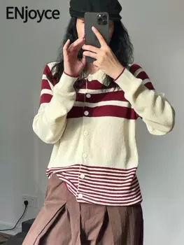 Женский трикотажный кардиган в полоску, однобортный свитер с длинным рукавом в Корейском стиле, весна 2024, топ с длинным рукавом, красный кардиган, кардиган женский