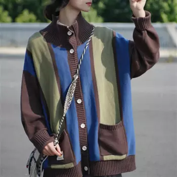 Женский трикотажный кардиган, винтажный свитер в полоску, Осень-зима