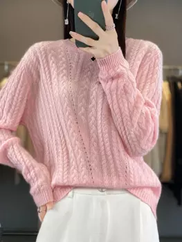 Женский трикотажный кашемировый пуловер с круглым вырезом и длинным рукавом