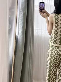 Женский трикотажный комплект, двухцветный вязаный крючком топ с геометрическим рисунком и широкие брюки с высокой талией