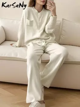 Женский трикотажный комплект из 2 предметов, кардиган с круглым вырезом на пуговицах и карманами, Элегантные повседневные трикотажные брюки с широкими штанинами для женщин, осень