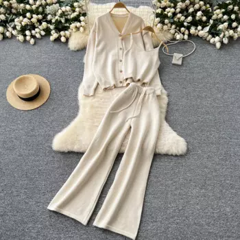 Женский трикотажный Комплект из 3-х предметов, кардиган с круглым вырезом, жилет с V-образным вырезом и широкие брюки со шнуровкой, Осень-зима