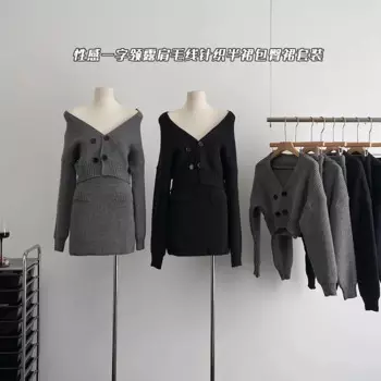 Женский трикотажный комплект из двух предметов, свитер с вырезом лодочкой и открытыми плечами, эластичная мини-юбка с высокой талией, осенний комплект