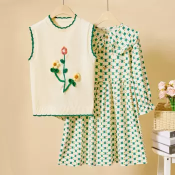 Женский трикотажный комплект из жилета и платья, комплект из 2 предметов, школьная форма для подростков на весну и осень, Детские костюмы 4, 6, 8, 10, 12 лет