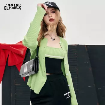 Женский трикотажный Костюм-двойка ELFSACK, классический вязаный кардиган с цветными вставками, облегающее трикотажное пальто, 2024